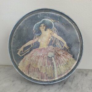 Antique 1920's / 30's Canco 8.5" Confection Tin Blue Hat Tiered Dress Lady